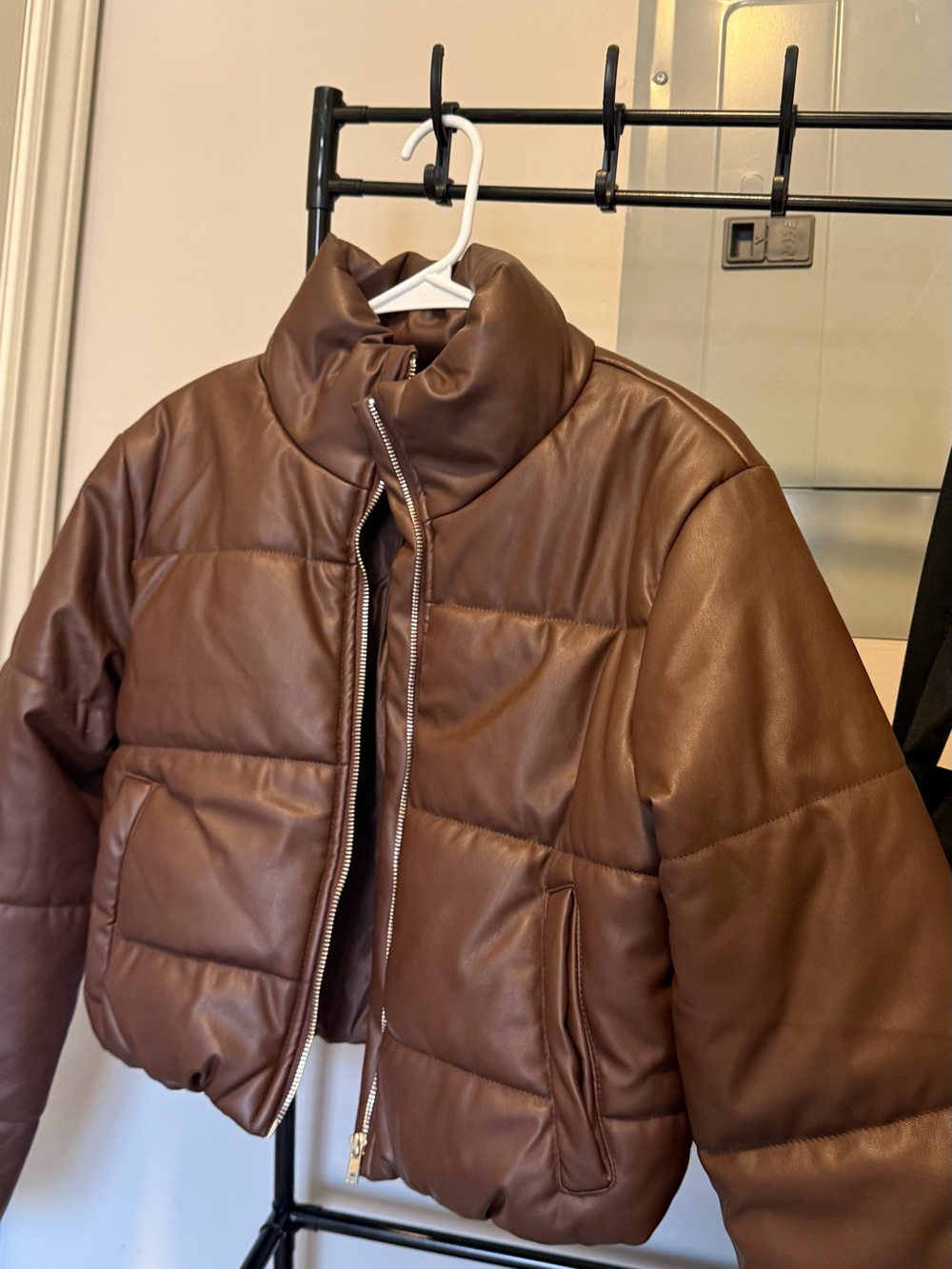 Brown Puffer Jacket with High Collar - Women's Quilted Coat